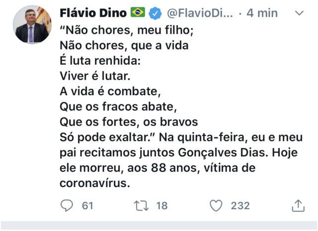 FLÁVIO DINO ANUNCIA A MORTE DO PAI NAS REDES SOCIAIS