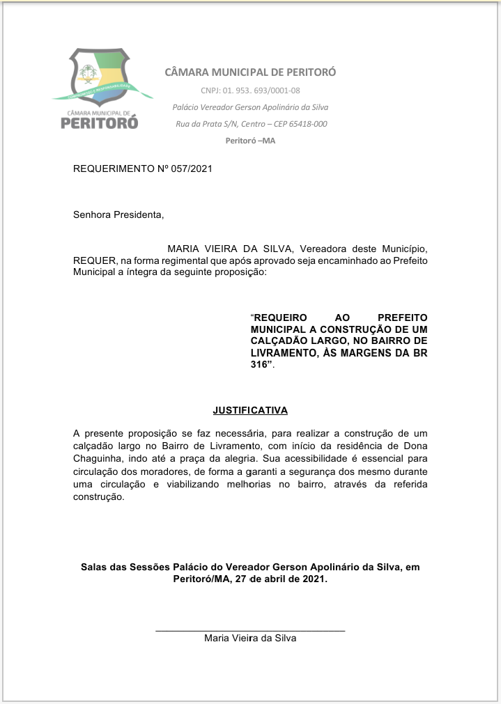 Dona Lurdes, apresentou dois requerimentos e uma indicação. O primeiro requerimento, a vereadora solicita ao Executivo Municipal, a construção de um calçadão largo no bairro de Livramento, às margens da BR-316. O segundo requerimento, a vereadora requisita a construção de uma Creche no bairro de Independência. E por meio de indicação, a parlamentar solicita a implantação do DETRAN no município de Peritoró.